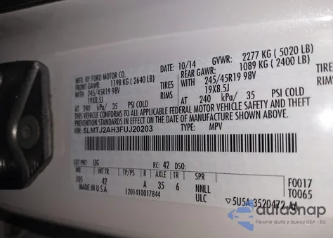 2015 Lincoln Mkc z USA, uszkodzony, nr VIN 5LMTJ2AH3FUJ20203